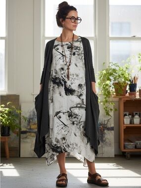 Patrizia Luca Balloon Midi Dress Cap Sleeve Gathered Lagenlook Art To Wear Milan